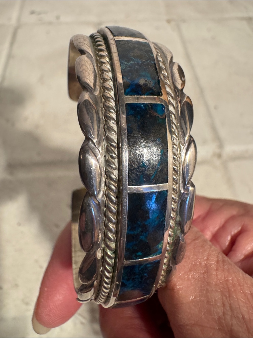 Vintage Zuni Sterling Silver Malachite Azurite Inlay Cuff Bracelet Signed CT